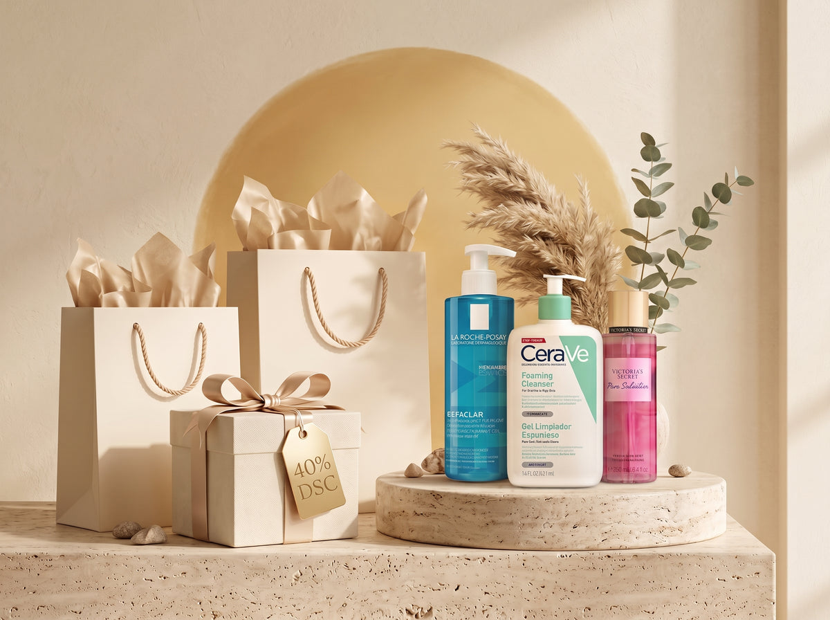 Productos originales de La Roche-Posay, CeraVe y Victoria's Secret junto a bolsas de compra